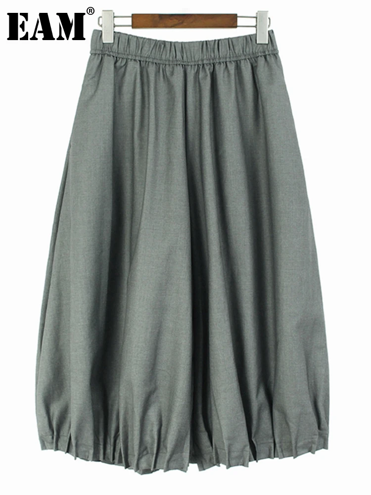 

[EAM] серые плиссированные длинные широкие брюки с высокой эластичной талией, новые свободные брюки для женщин, модные весенне-осенние 2023 1DH1110