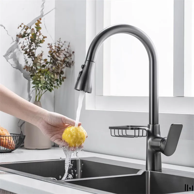 Серебристый кухонный смеситель для горячей и холодной воды выдвижной поворотный