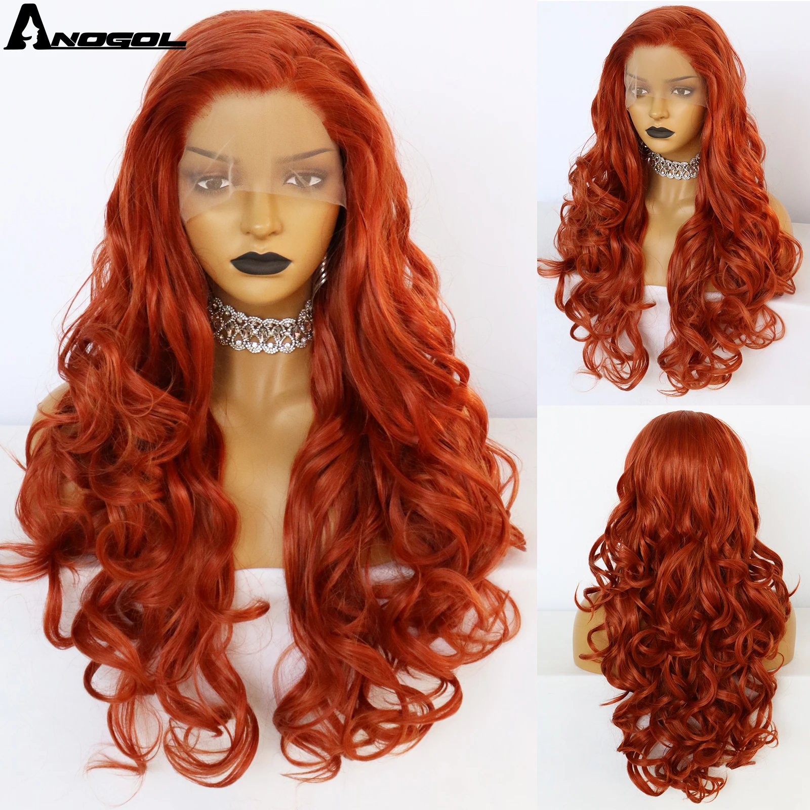 ANOGOL Synthetic 13x2.5 Lace Front Wig Free Part Orange Long Wavy Hair Wig Heat Resistant Fiber Wigs for Women