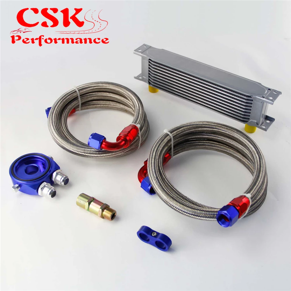 

10 Row 248mm AN10 Universal Engine Transmission Oil Cooler British Type + Aluminum Filter Hose End Kit Blue