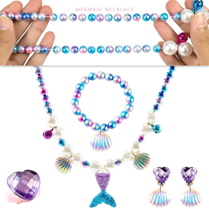 

Little Girls Mermaid Imitation Faux Pearl Beads Light Blue Pink Jewelry Set 5x