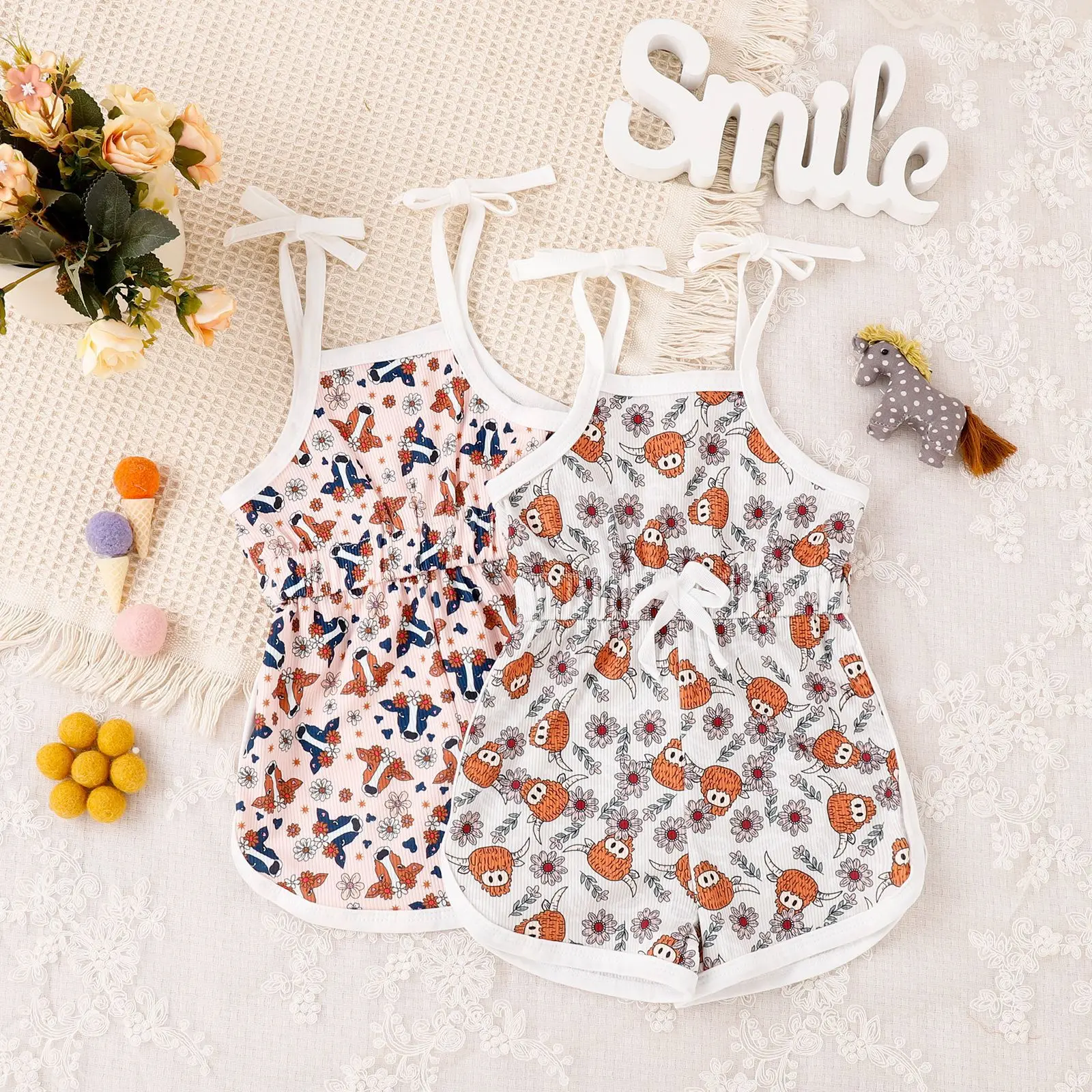 

Baby Girl Hanging Neck Cow Head Cartoon Printed Suspenders Girls Summer Vest Jumpsuit Girls Jumpsuit