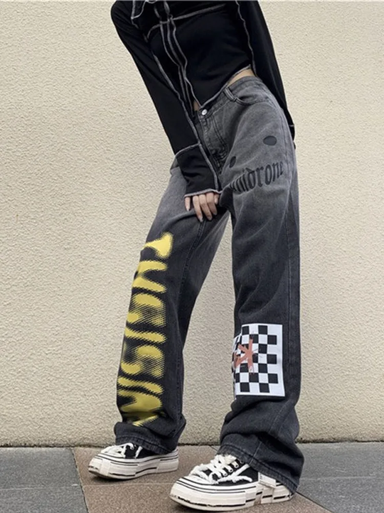 American Style Hip Hop Alphabet Print Multi-pocket Jeans for Women Y2K High Street Loose Straight Wide Leg Work Pants Oversized