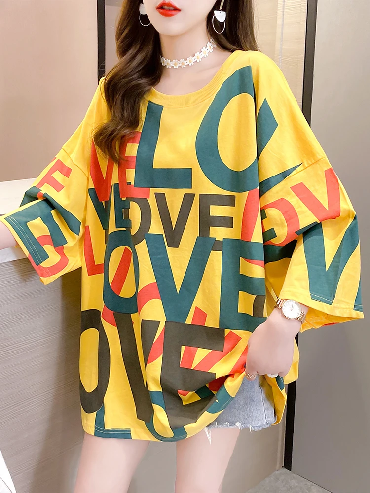 

Summer Harajuku T-shirt Women Loose Short Sleeve Tshirt Letter Print Round Neck Korean Style Oversized Hip Hop Tops Female