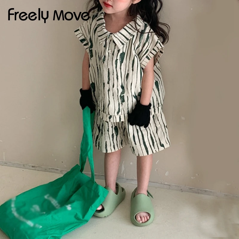 Freely Move Boys Girls Clothing Sets 2022 Summer Baby Girls Clothes Cotton Striped Shirts Casual Kids Children Clothes Suits