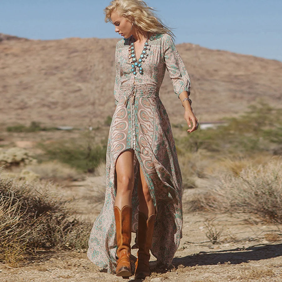 

Женское шифоновое платье в стиле бохо, длинное винтажное платье в стиле хиппи с цветочным принтом, рукавом три четверти и V-образным вырезом, лето