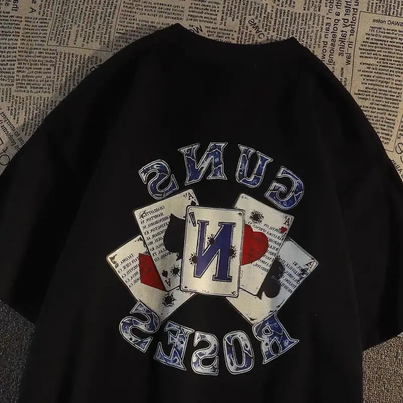 

European and American tide brand poker printed women short sleeved t-shirt loose ins street style all match couple clothes y2k