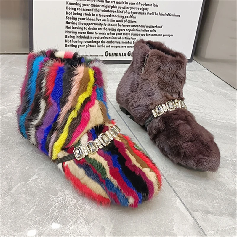 

Colorful Mink Fur Snow Boots Thick Sole Platform Creepers Skidproof Flat Shoes 2023 New Winter Warm Furry Botas Femininas Plush