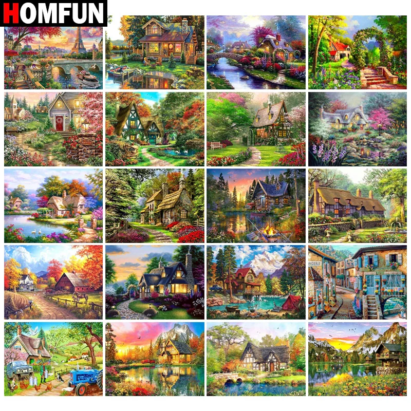 

Алмазная 5d картина HOMFUN «сделай сам», вышивка крестиком «пейзаж, городской дом, цветок», квадратная круглая вышивка, ручная работа