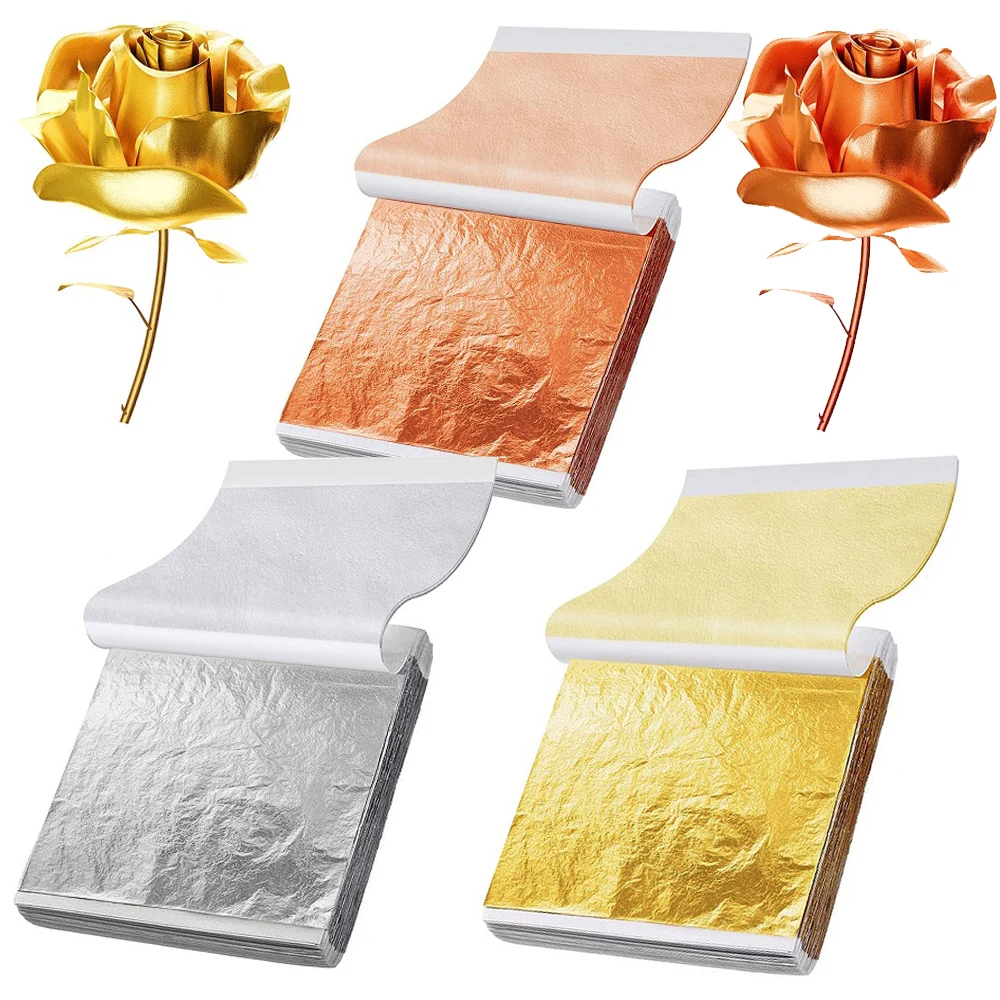 

300PCS Imitation Gold Silver Foil Paper Leaf Gilding DIY 14CM Art Craft Paper Birthday Party Wedding Cake Dessert Decorations