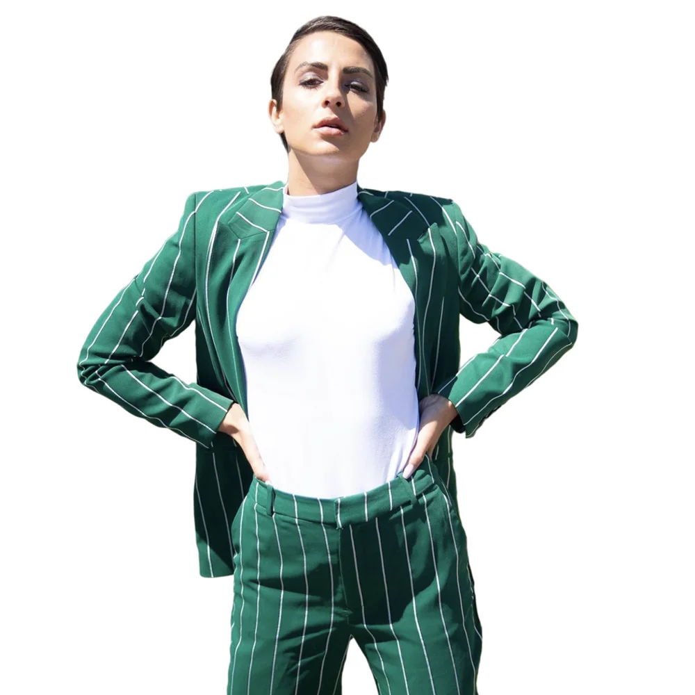 

Женские костюмы из 2 предметов, модные костюмы с блейзером и брюками, классические элегантные деловые комплекты больших размеров в зеленую полоску для женщин на лето