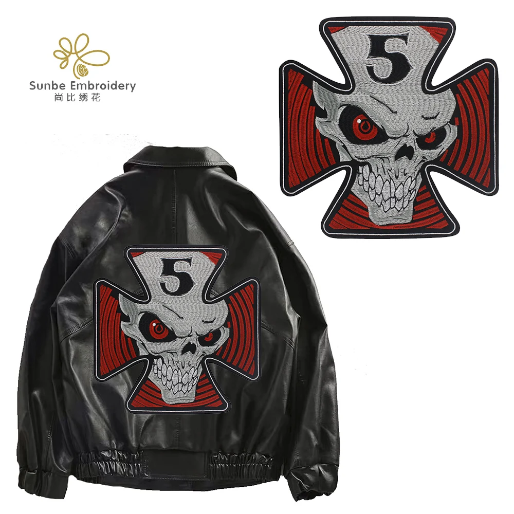 

Cross Patches Cool Skull Fabric Patches Racing Embroidery Applique Iron on Sticker Decorative Badges for Motorcycle Club Jacket