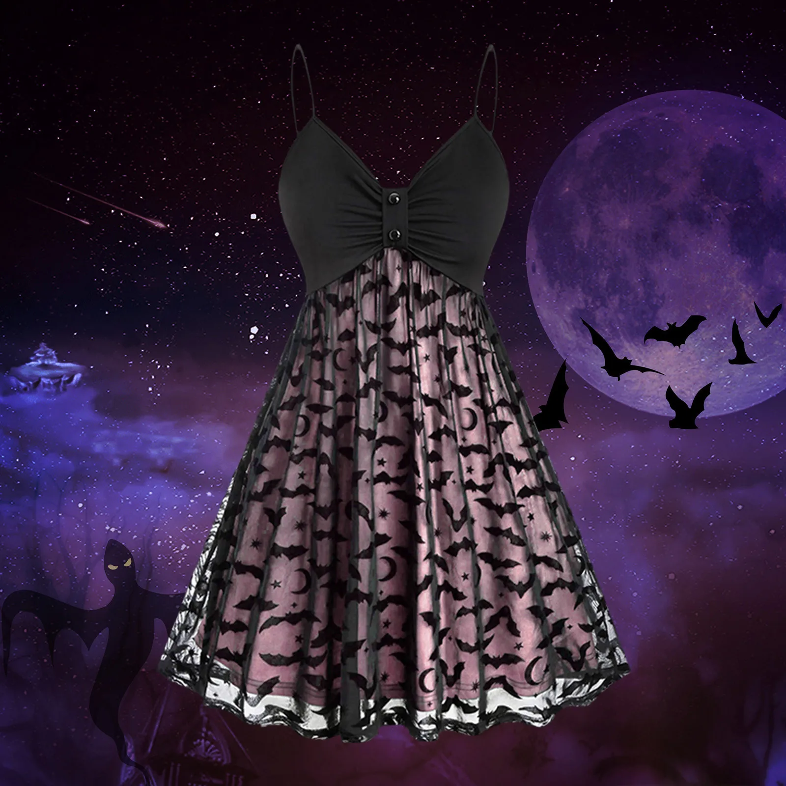 

Женское Двухслойное шифоновое платье на бретельках, винтажное длинное Сетчатое платье с V-образным вырезом и принтом на Хэллоуин