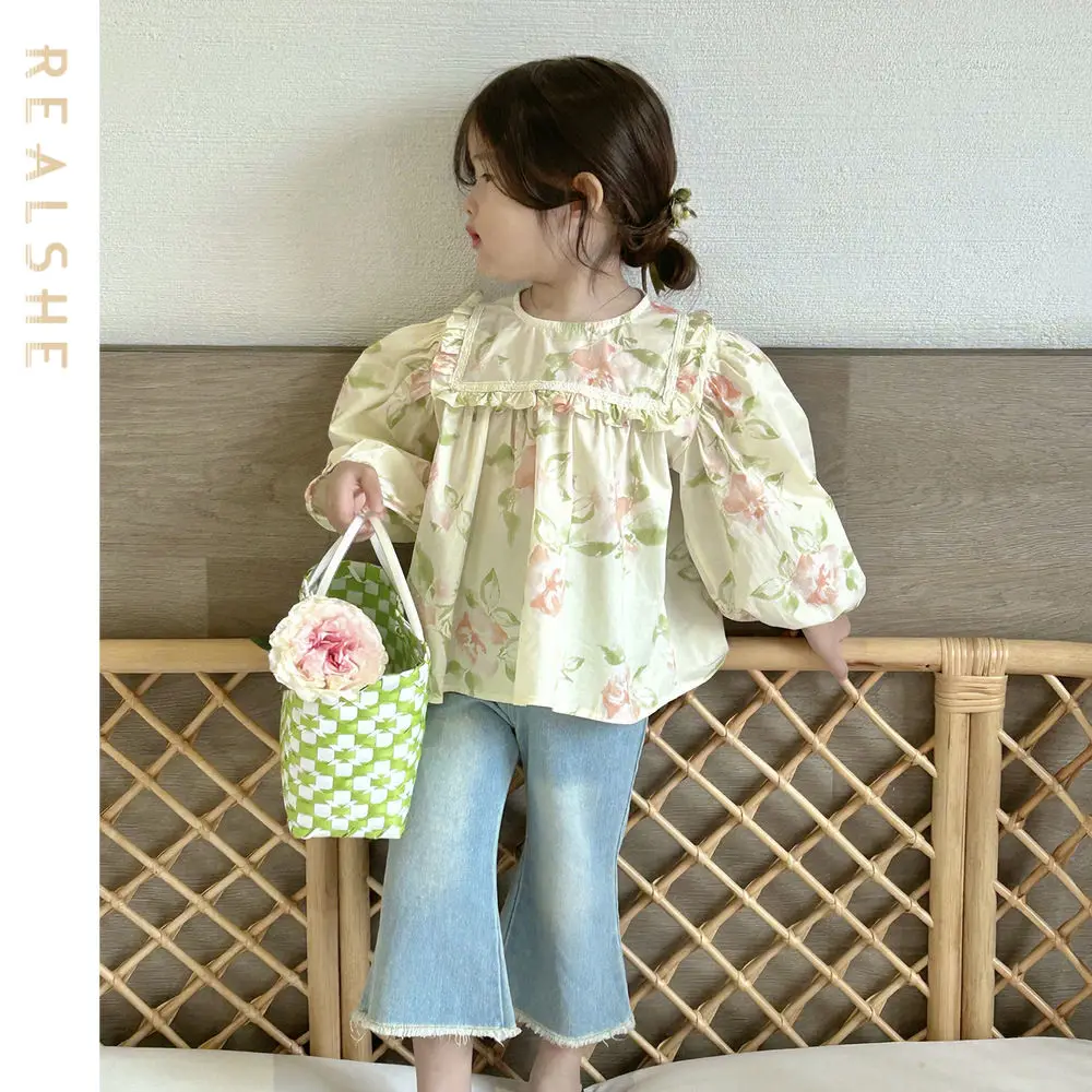 

Autumn Girls Clothing Sets Long Sleeve Floral Shirts Demin Pants 2pcs Suits 2023 Baby Clothes Children Kids Outfits