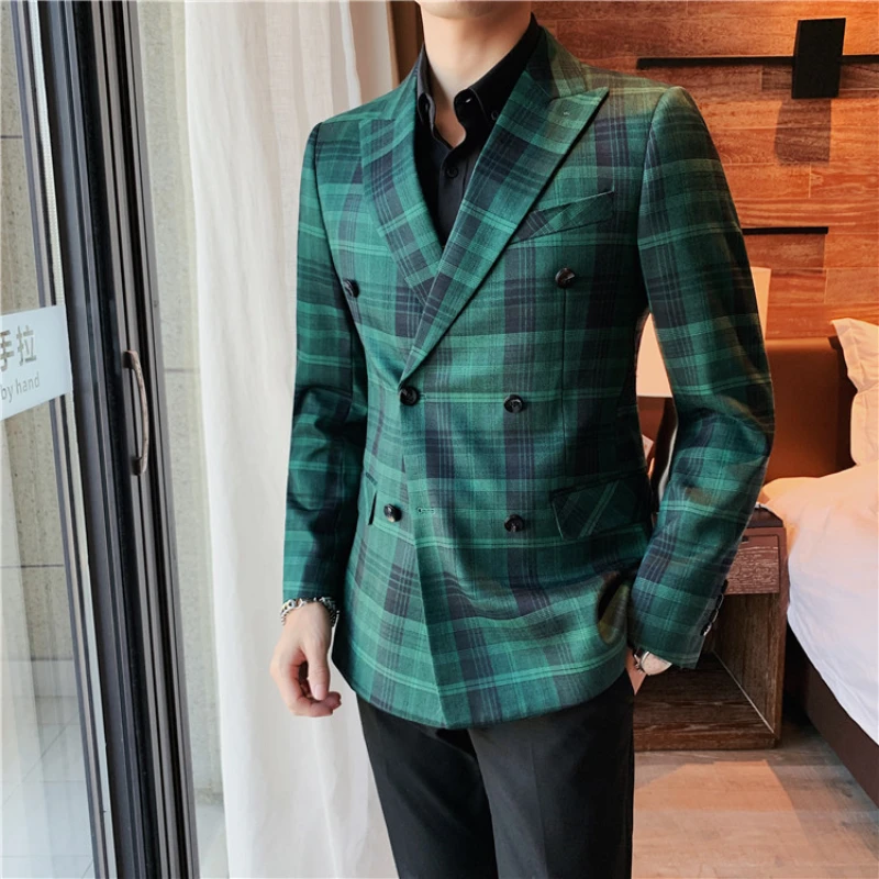 

Light Luxury Lattice Men Business Suit Jacket Male Double Breasted Casual Dress Banquet Party Tuxedo Costume Homme Blazers M-3XL