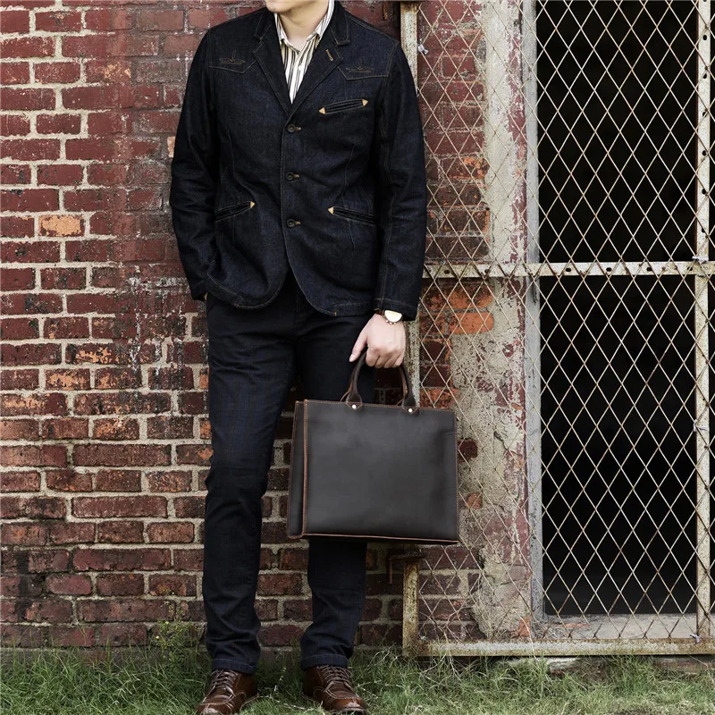 Retro high quality Crazy Horse cowhide men portable briefcase daily outdoor work 15 inch laptop computer shoulder messenger bag