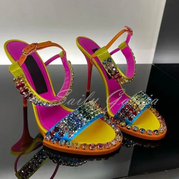 Rainbow Rhinestone High Heel Sandals Women Round Toe Buckle Strap Thin High Heel Bling Bling Crafted Crystal Banquet Dress Shoes