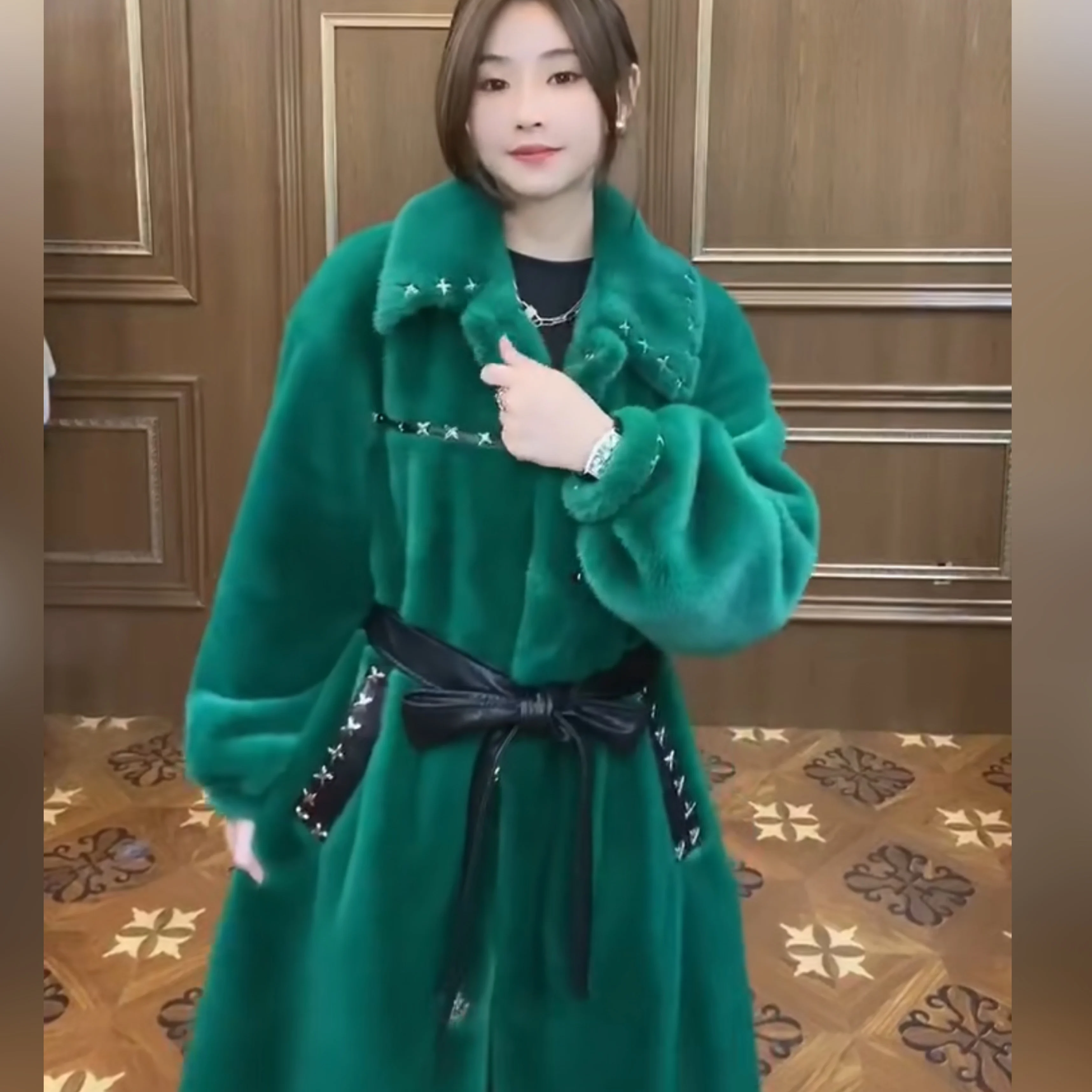 Faur Fur Long Sleeve Coat Female Toka Double Face Wool Leather Warm Heavy Embroidery Sequins Casual Trend Fashion Jacket Winter