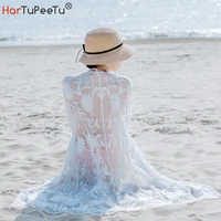 bikini cover ups women 2022 summer transparent lace beach dress flare sleeve loose white holiday bathing suit beachwear