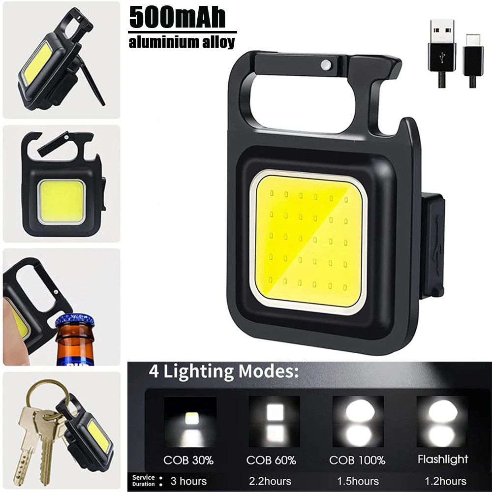 

Portable Flashlight Keychain Mini Led Light Glare Cob Usb Charging Emergency Lamps Work Light Outdoor Camping Light Corkscrew