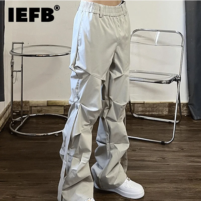

High Street Pleated Overalls Men's Pants Fashion Loose Straight Button Casual Male Trousers Solid Color Darkwear 9A6007