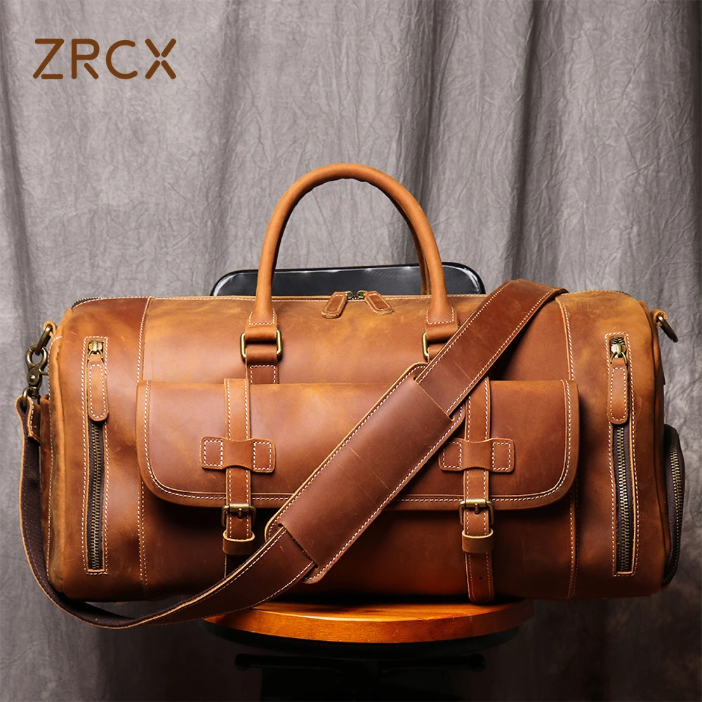 ZRCX Men's Genuine Leather Travel Bag Business Handbag First Layer Cow Leather Gym Bag Leather Duffel Bag For 13inch Laptop