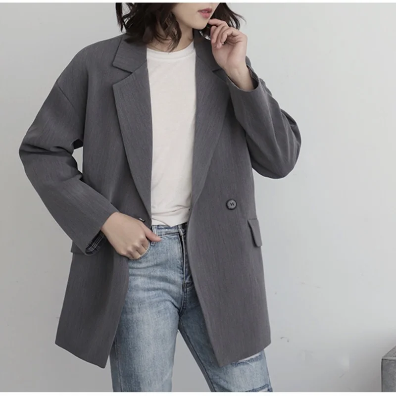 2021 Women Elegant Lapel Single Button Black Blazer Spring Autumn Gray Vintage Jacket Coat Ladies Workwear Female Formal Clothes