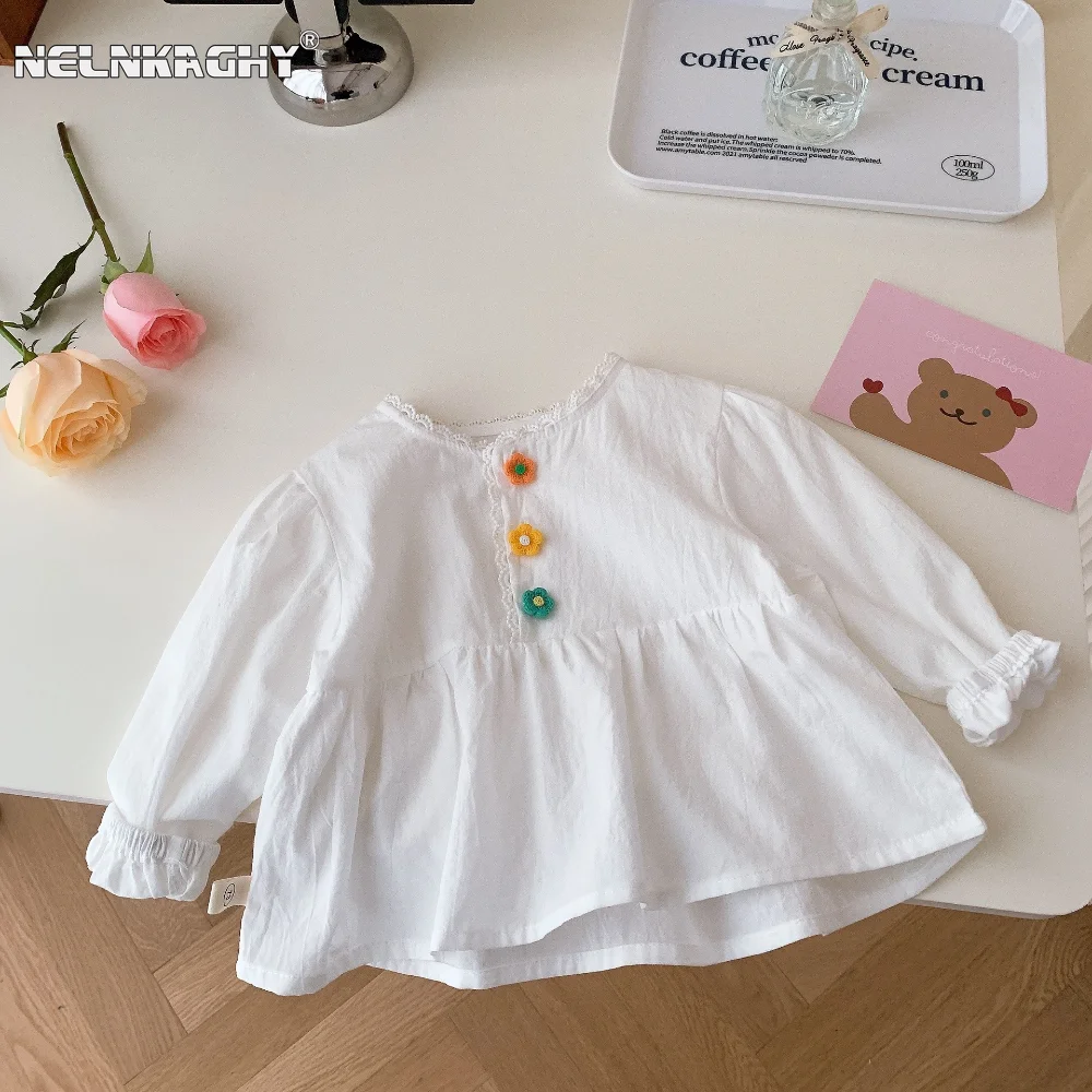 

2023 Autumn Spring Kids Baby Girls Full Sleeve Solid Color Ruched Flower Buttons Top Blouses Children 98% Cotton Shirts 0-6Y