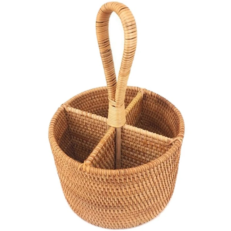 Hand-Woven Rattan Storage Basket Portable Round Four Compartment Fruit Straw Gourmet Orchard