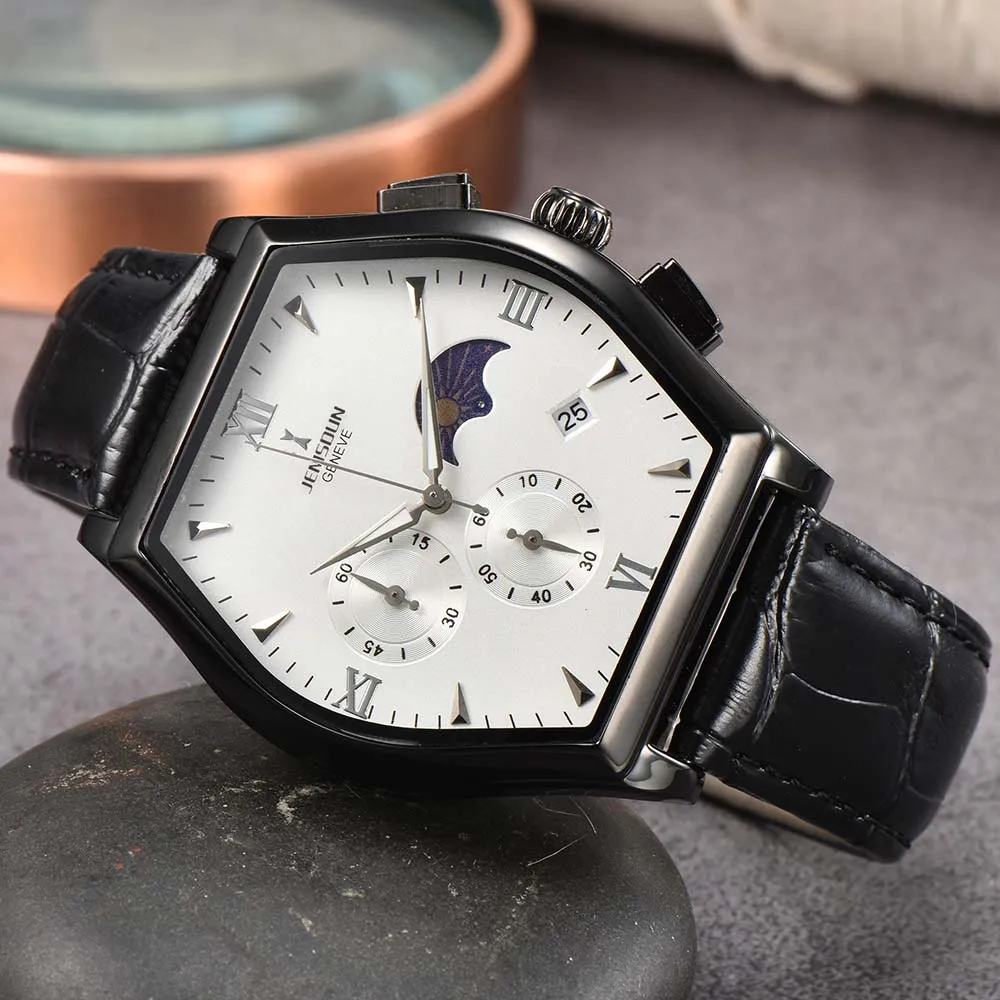 

Часы мужские кварцевые с хронографом, Классические Оригинальные многофункциональные, серия Tonneau malte, с автоматической датой, фазой Луны, с х...