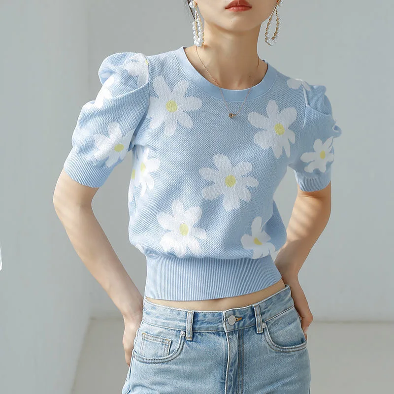 

Crop Top Female T Shirts Summer Short Puff Sleeve Women's Stylish Clothes Ribbed Floral Pattern Knit Top Cropped Tees S-2XL
