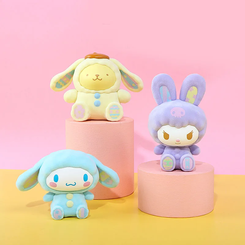 

Sanrio Flocking Dolls Blind Box Collectible Figure Rabbit Big Ears PomPomPurin Melody Cinnamoroll Kuromi Table Ornaments Gifts