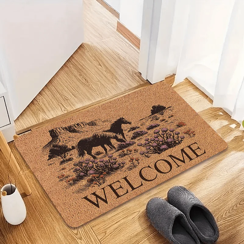 Фото Фланелевый придверный коврик Western Horse & Wildflower Welcome, с деревенским природным дизайном, противоскользящий, впитывающий влагу, для прихожей и веранды №2
