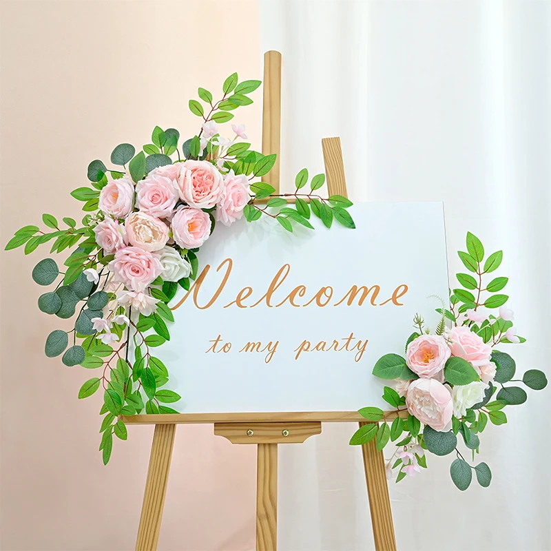 

2pcs Artificial Flowers Wedding Backdrop Wreath Decor Welcome Card Sign Corner Wall Props Arrange Arch Fake Flower Row