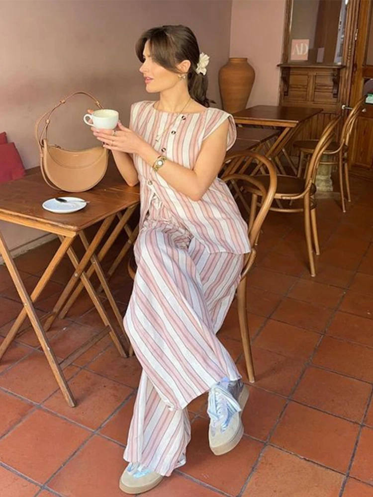 Полосатый жилет брюки женские повседневные свободные топы с косыми пуговицами и