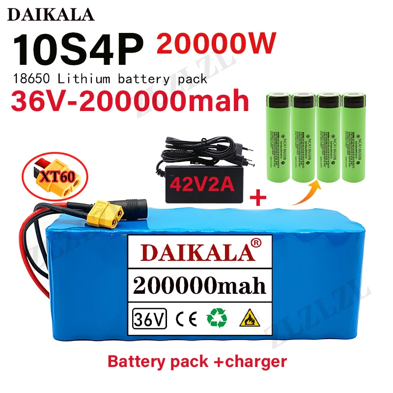 

2023 new DAIKALA 36V Battery 10S4P 36V 200Ah Battery 2000W High Power Battery 200000mAh Ebike Electric Bike+Charger BMS