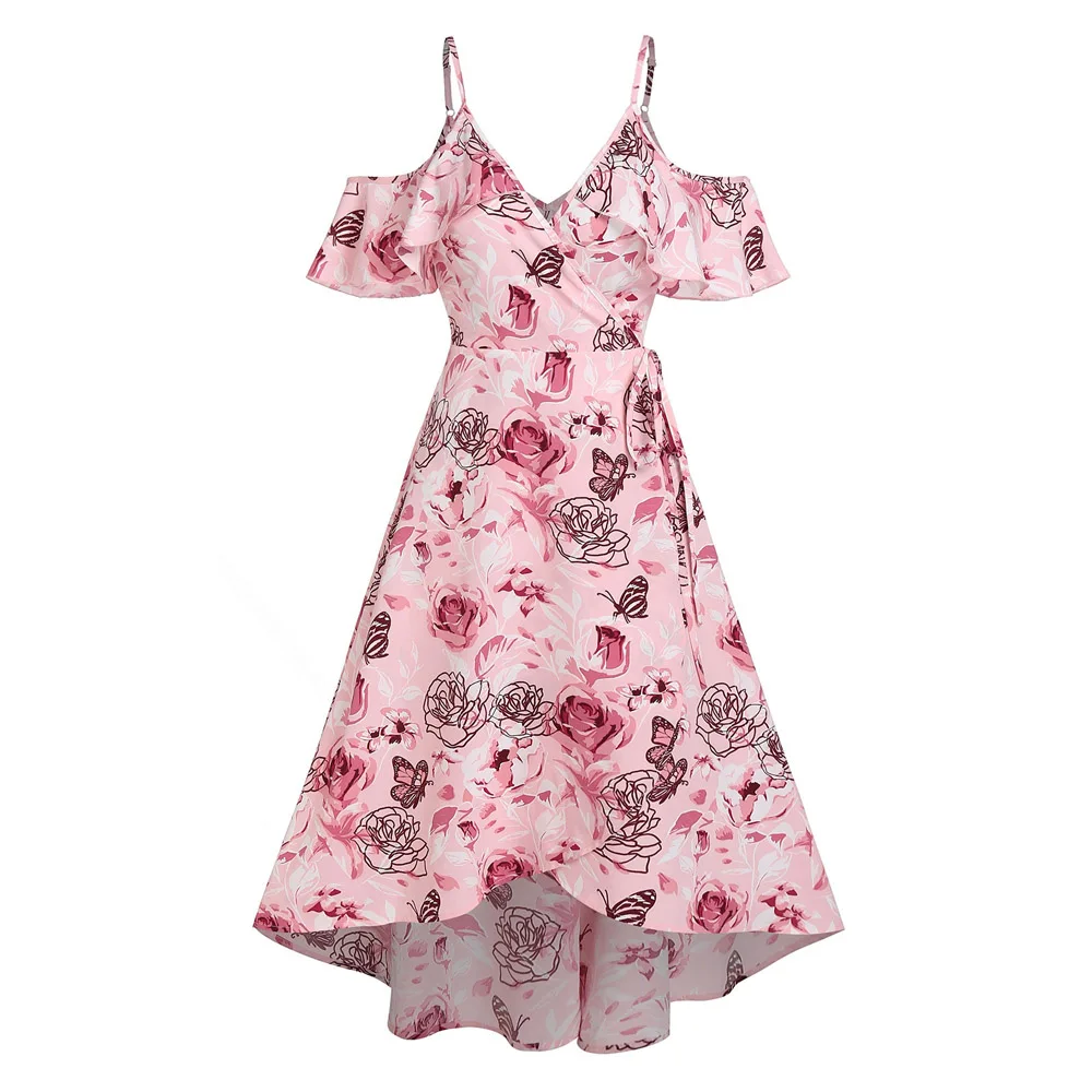 

Розовое платье с цветочным принтом и бабочками для сада, вечерние платье для женщин, платье средней длины с открытыми плечами и оборками