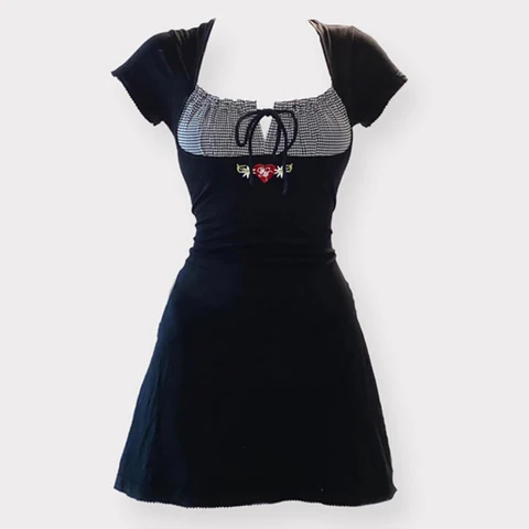 Винтажное мини-платье в стиле 90-х с бантом и вышивкой, лоскутное платье с квадратным вырезом и коротким рукавом, Y2K, эстетические сказочные платья, 2022