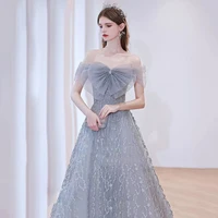 luxury gray evening dress for women off the shoulder strapless big bow a line beading long prom banquet performance formal gowns