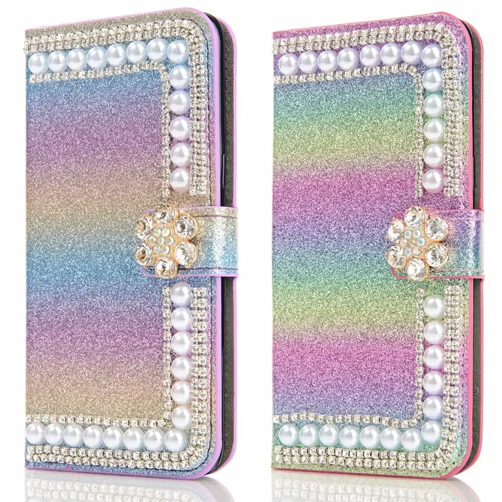

Luxury Bling Diamond Pearl Flower Wallet Flip Glitter Leather Case Cover For iPhone 13 12 11 Pro Max XS Max XR X 8 7 6 6SPlus SE