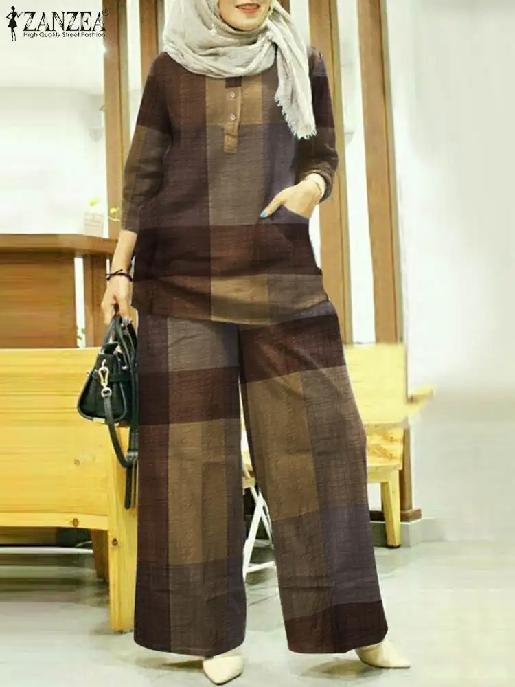 

2022 ZANZEA Bohemian Elegant Casual Abaya Kaftan Suit Plaid Grid Printed Muslim Sets 3/4 Sleeve O-Neck Blouses Wide Leg Pant
