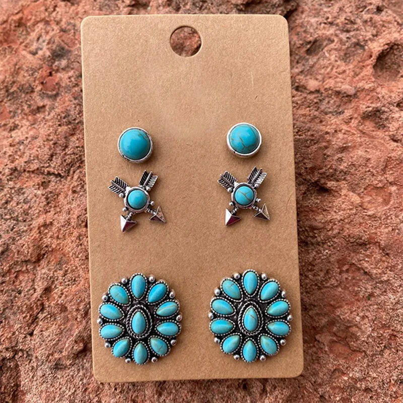 

3 Pair Western Southwestern Jewelry Set Turquoise Jewelry Navajo Inspired Conch & Round & Bow and Arrow Earrings Studs Sets Blue