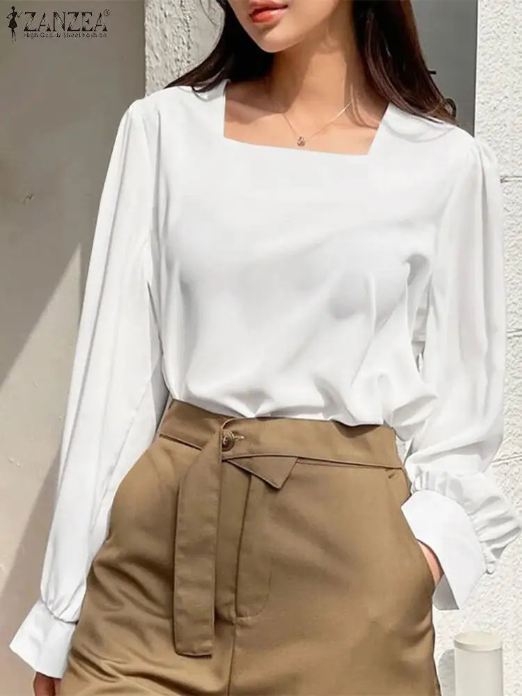 

ZANZEA Women Shirt Square Neck Long Sleeve Blouse Elegant OL Work Shirts Female Solid Office Tops Loose Blusas Chemise Oversize