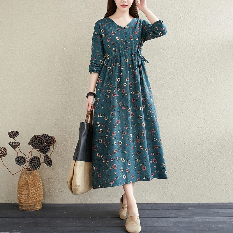 

Long Sleeve Cotton Linen Vintage Floral Print Autumn Green Dresses Women Casual Vestidos Ladies Dress Elegant Femme Clothes 2022