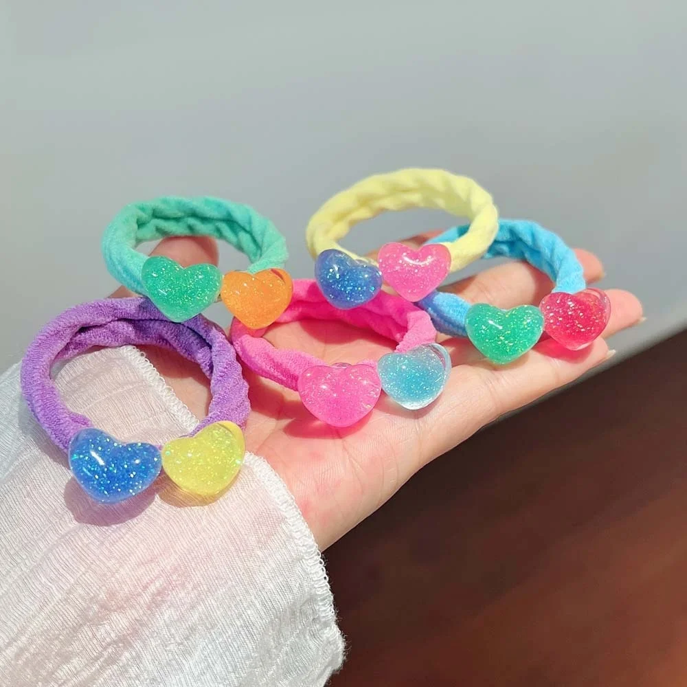 

Color Shiny Powder Sequin Two Heart Love High Elastic Hair Band For Girl Kids Cute Kawaii Ponytail Rubber Ties Accessories Gift