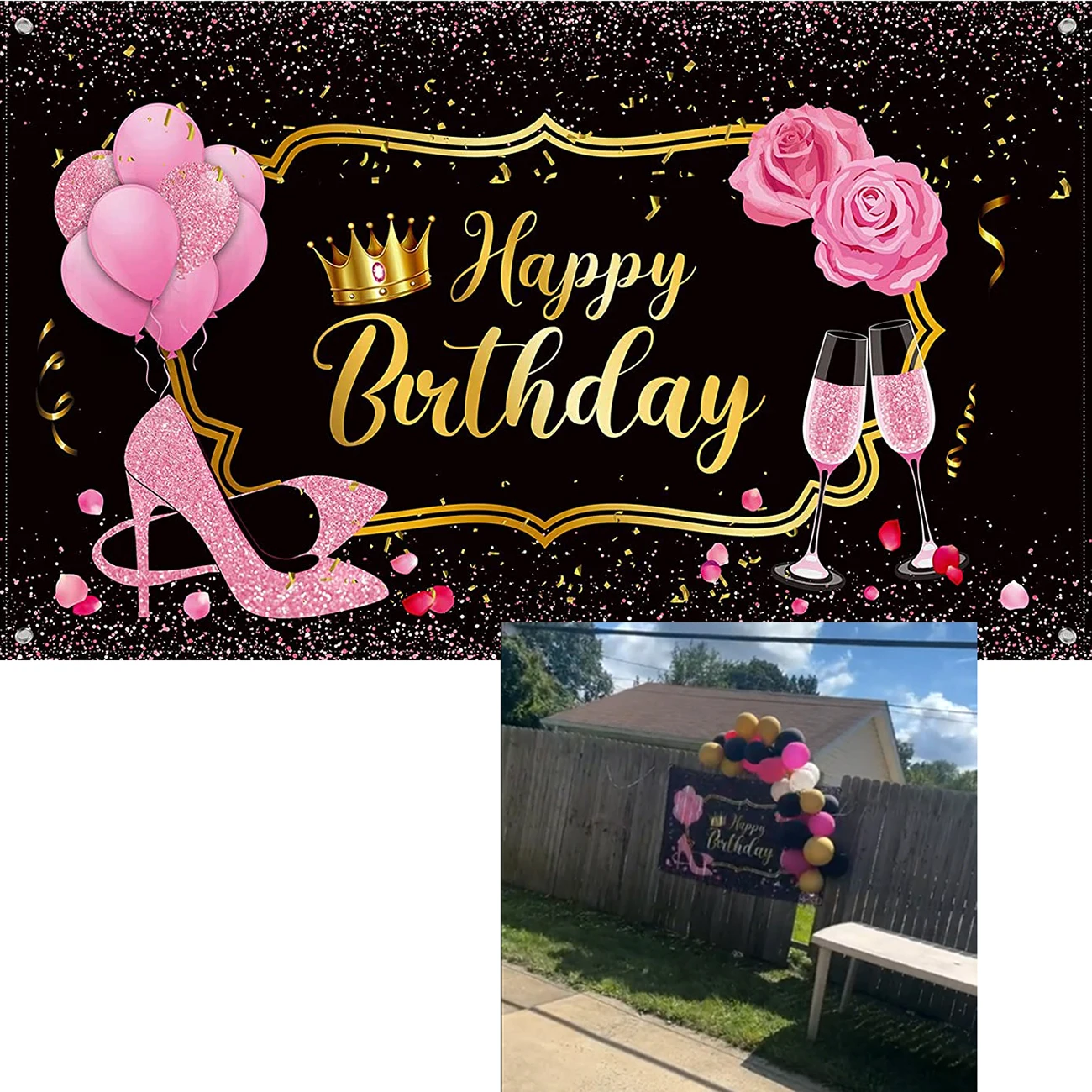 

Индивидуальный фон для фотосъемки с надписью "Happy Birthday", милый фон для фотосъемки, каблук с розой для женщин и девушек, 16, 21, 30, 40, 50, 60