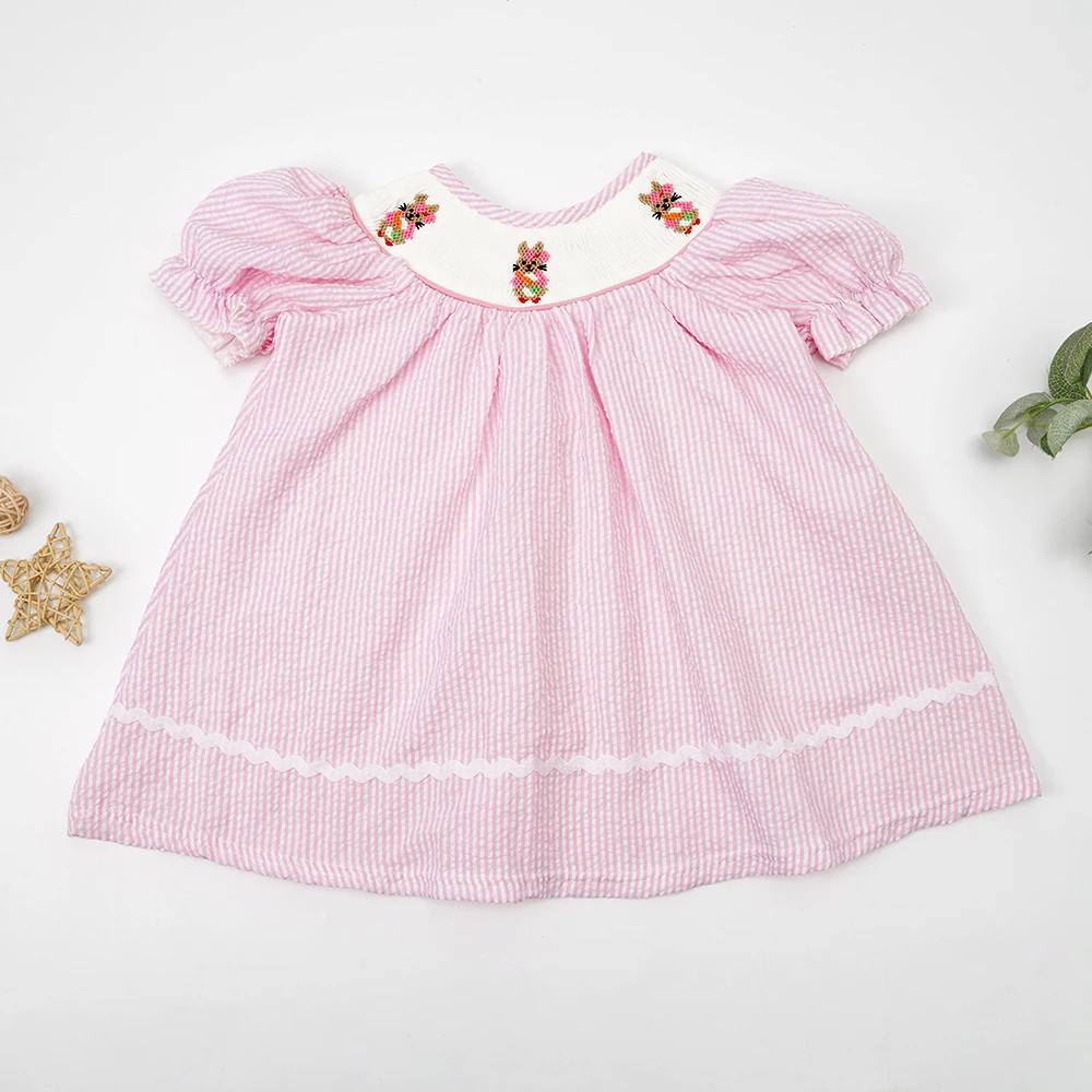

New Easter Baby Girls Clothes Smocked Pink Princes Dress With Cartoon Rabbit Hand Embroiderey One-pieces Skirt For 1-8T Children