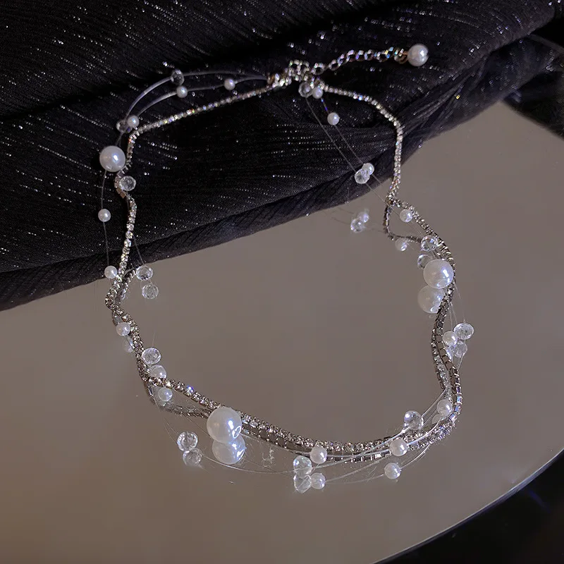 

Short Necklace Double Layered Zircon Tennis Chain Pearl Cubic Zirconia INS Minimalist Choker Pearls Necklace for Women 2022 New