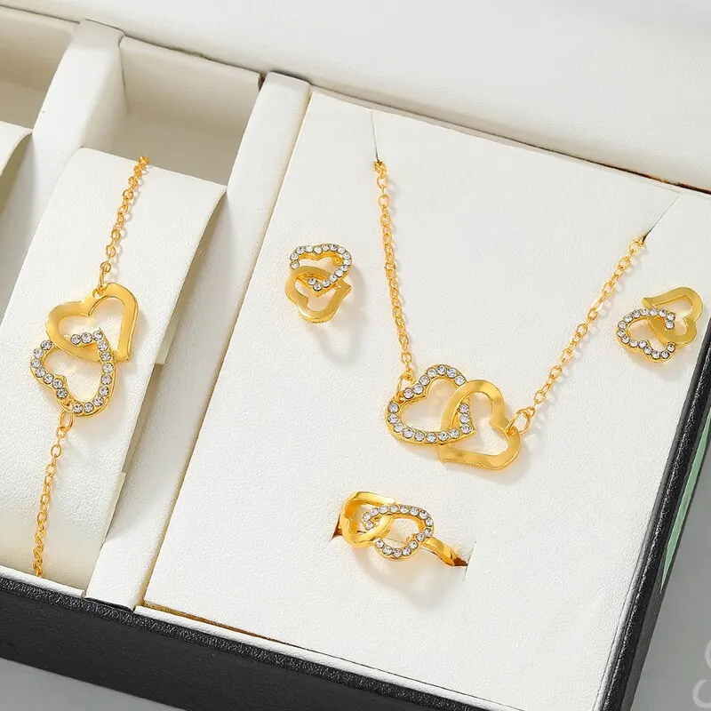 5PCS Set Gold-Color Heart Shaped Jewelry Sets Of Ring Earrings Necklace For Women Elegance Rhinestone Double Heart Jewelry