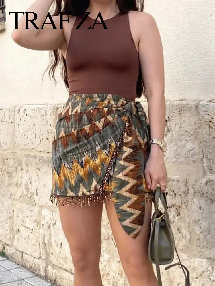 

TRAF ZA Retro Trend Vacation Tribal Print Ladies Bottom Skirt Fashion Waist Asymmetric Pleated Hem Fringe Women's Short Skirt